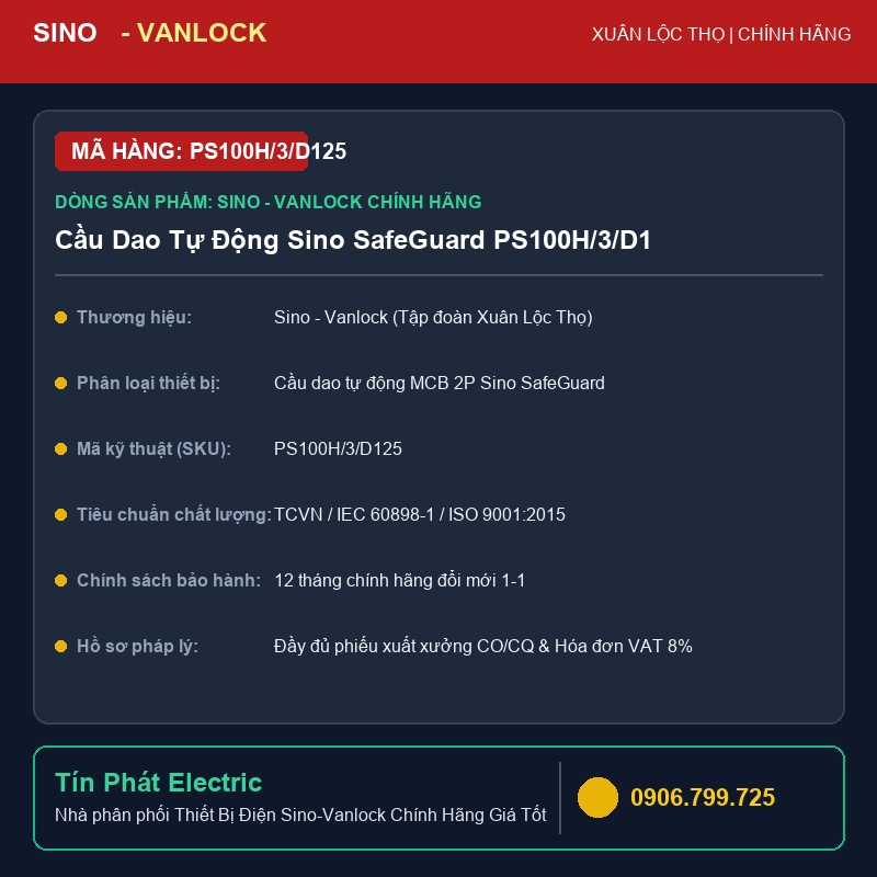 PS100H/3/D125 - Cầu Dao Tự Động Sino SafeGuard PS100H/3/D125 (2P)