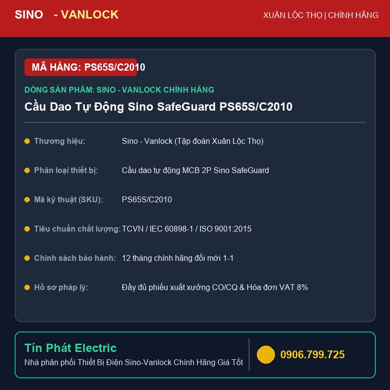 PS65S/C2010 - Cầu Dao Tự Động Sino SafeGuard PS65S/C2010 (2P)