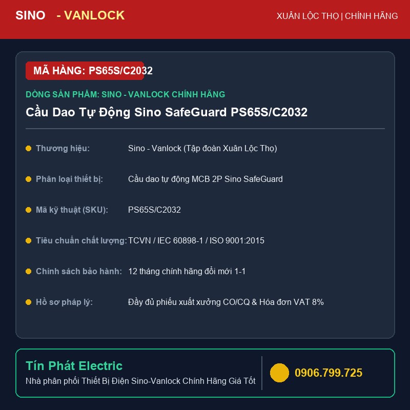 PS65S/C2032 - Cầu Dao Tự Động Sino SafeGuard PS65S/C2032 (2P)
