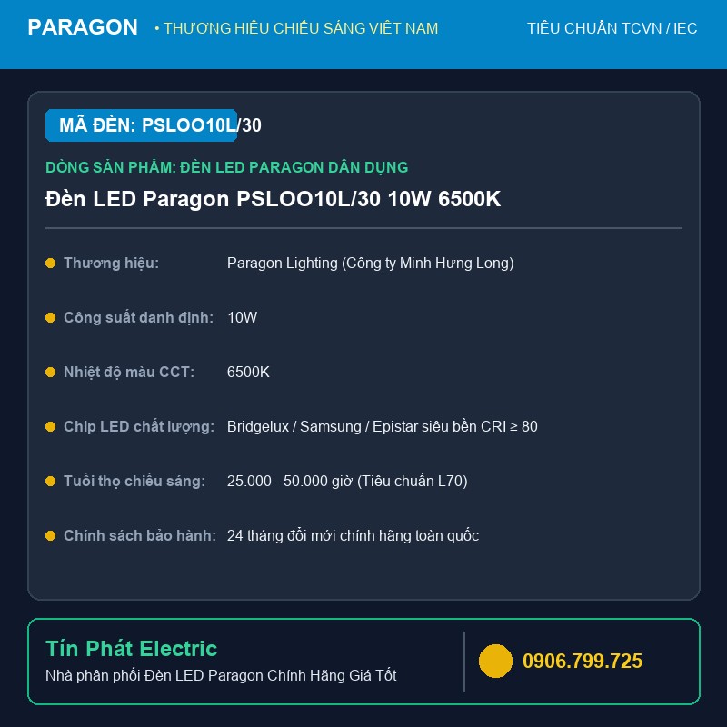 PSLOO10L/30 - Đèn LED Paragon PSLOO10L/30 10W 6500K
