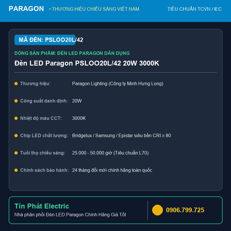 PSLOO20L/42 - Đèn LED Paragon PSLOO20L/42 20W 3000K
