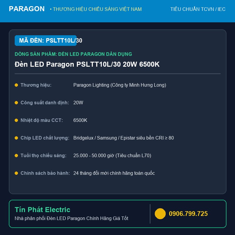 PSLTT10L/30 - Đèn LED Paragon PSLTT10L/30 20W 6500K