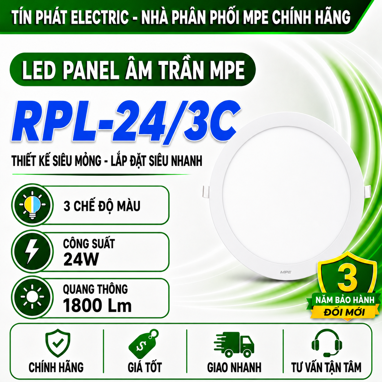 Đèn LED Panel Âm Trần Nhôm Mặt Tròn MPE RPL-24/3C 24W 3 chế độ màu