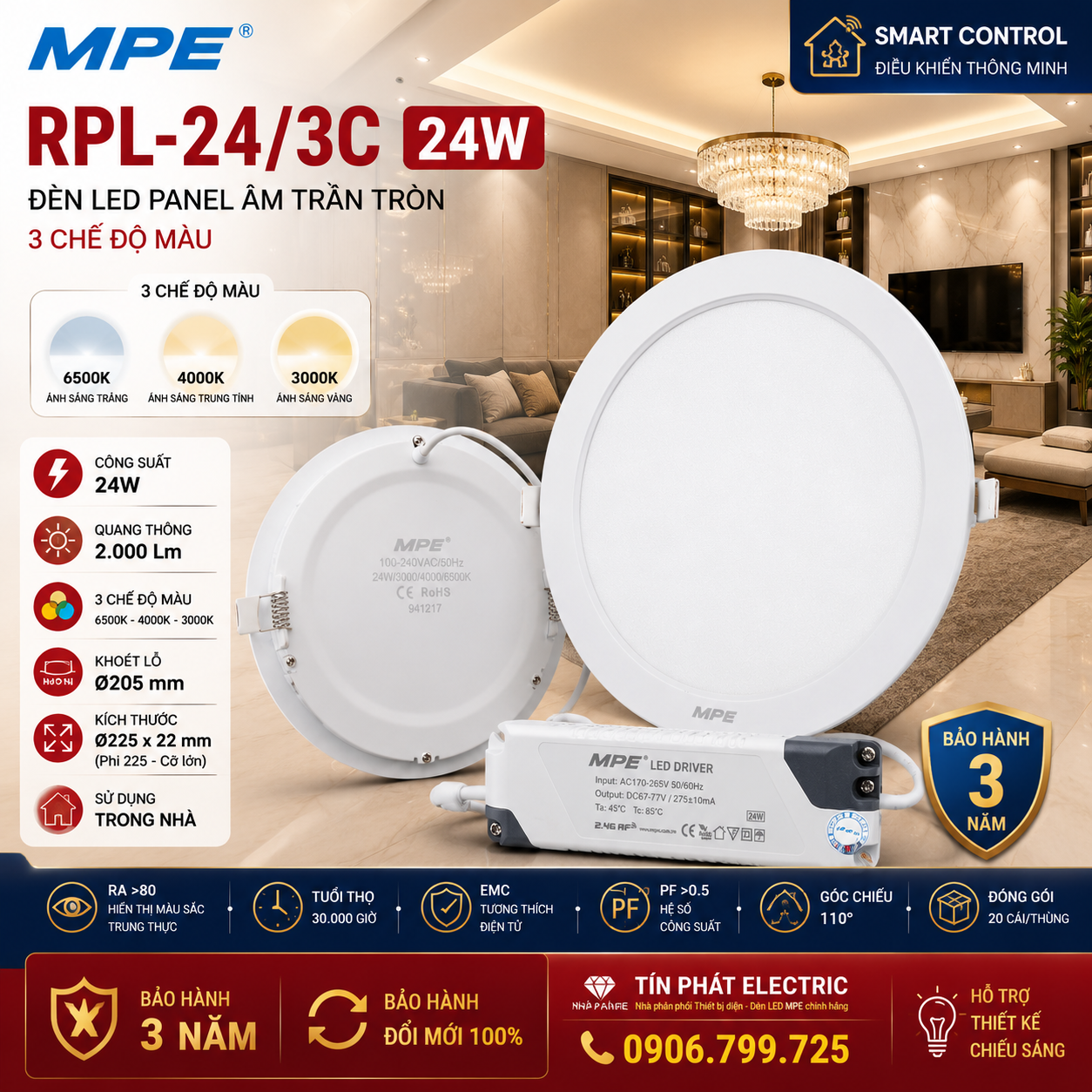 Đèn LED Panel Âm Trần MPE RPL-24/3C-RC 24W 1.800 Lm 3 Chế Độ Màu Điều Khiển Từ Xa