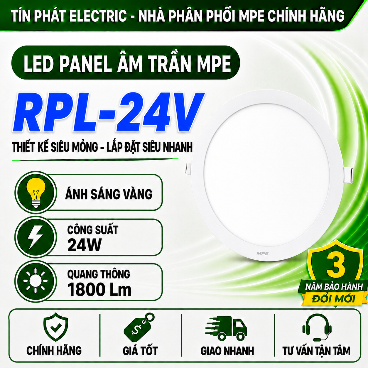 Đèn LED Panel Âm Trần Nhôm Mặt Tròn MPE RPL-24V 24W Ánh sáng vàng