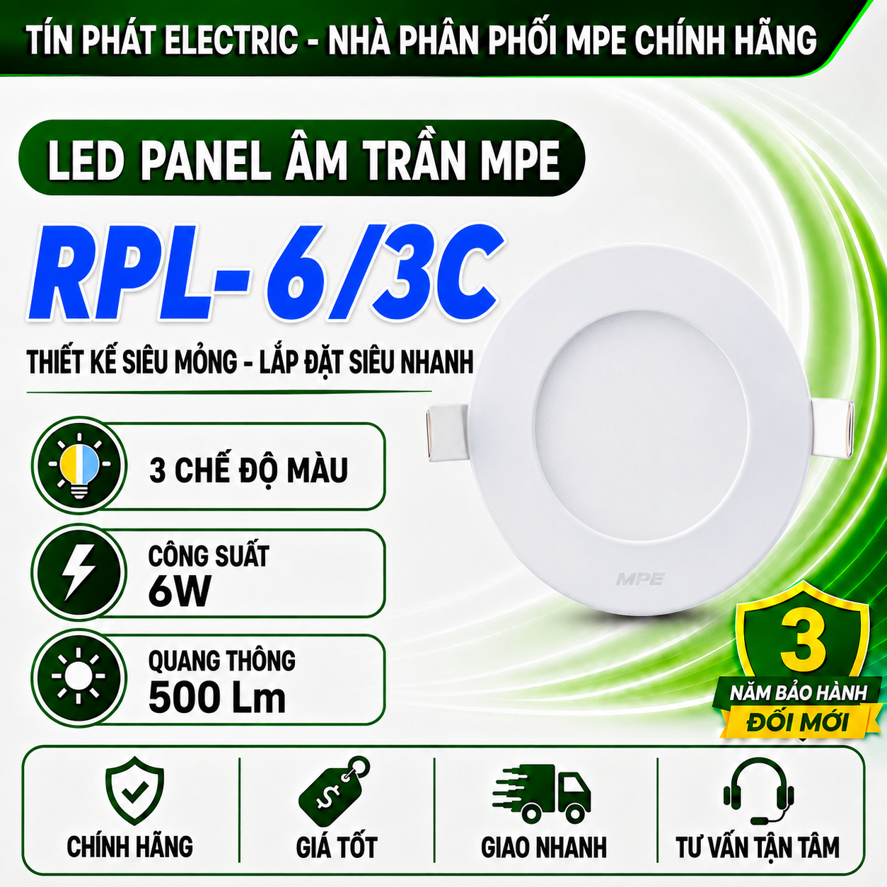 Đèn LED Panel Âm Trần Nhôm Mặt Tròn MPE RPL-6/3C 6W 3 chế độ màu