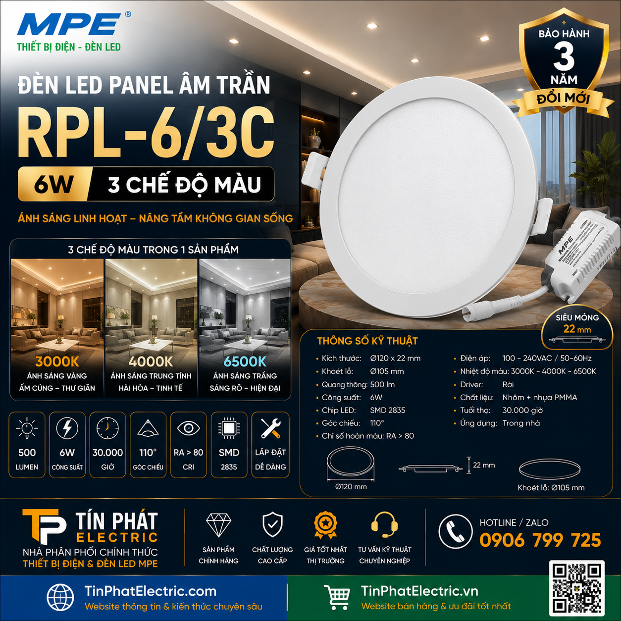 Đèn LED Panel Âm Trần Nhôm Mặt Tròn MPE RPL-6/3C 6W 3 chế độ màu
