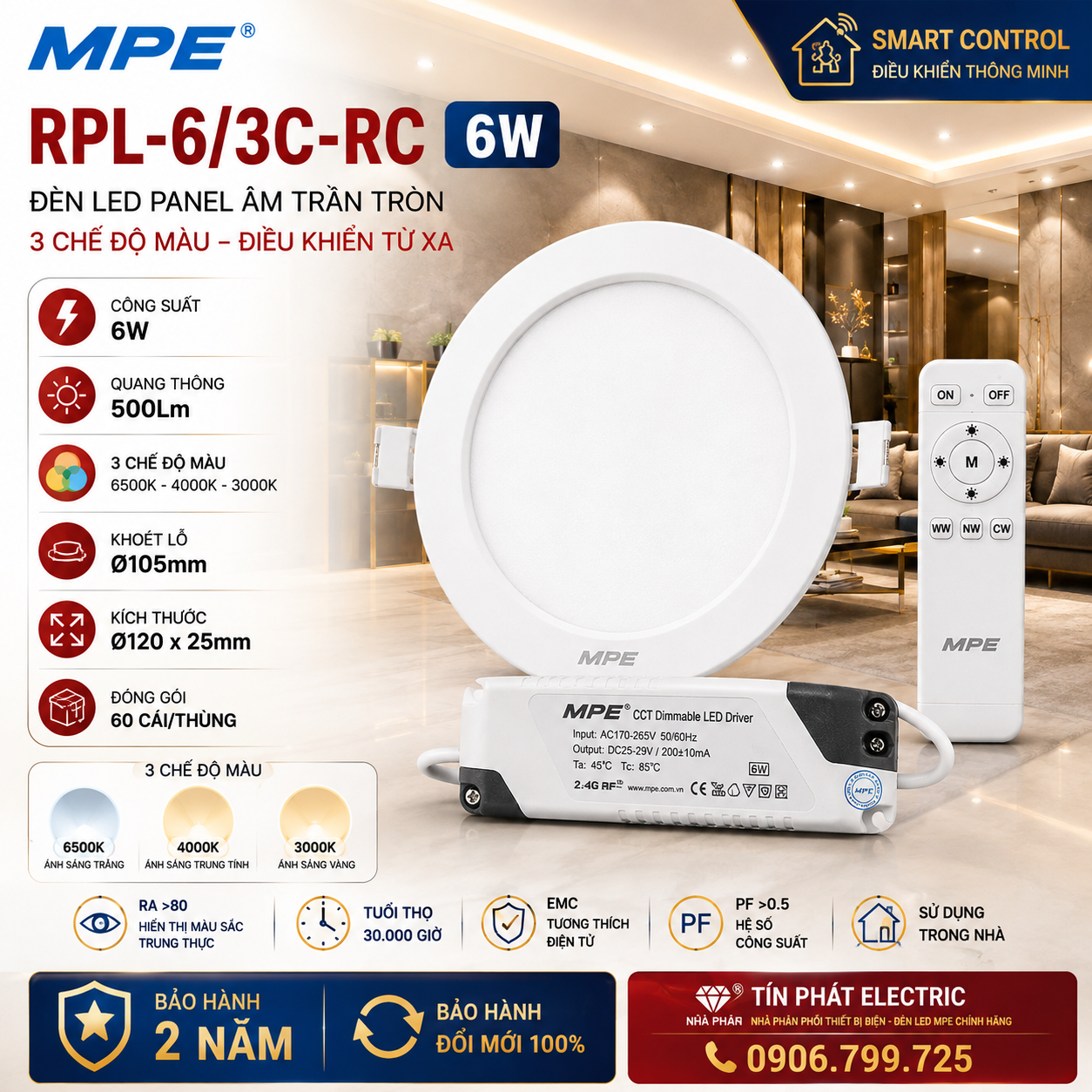 Đèn LED Panel Âm Trần MPE RPL-6/3C-RC 6W 500 Lm 3 Chế Độ Màu Điều Khiển Từ Xa