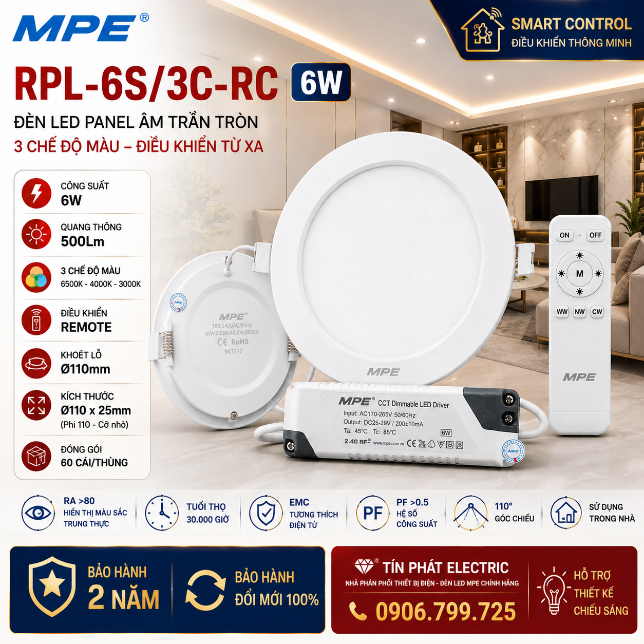 Đèn LED Panel Âm Trần Nhôm Mặt Tròn MPE RPL-6S/3C 6W Phi Nhỏ 3 chế độ màu