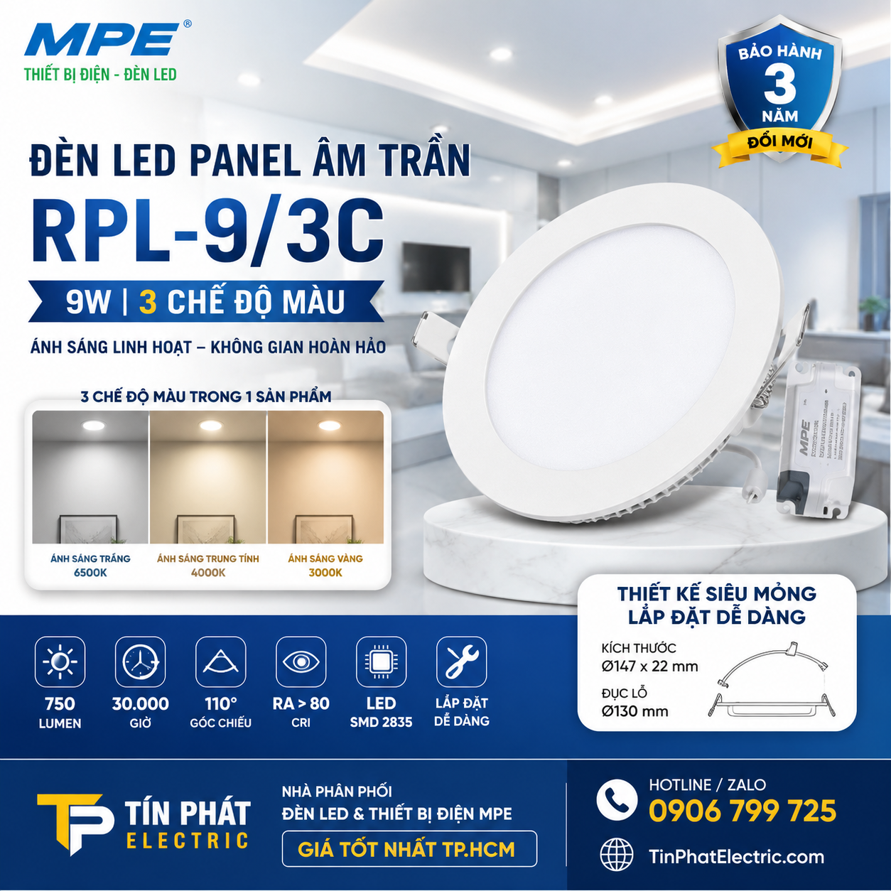 Đèn LED Panel Âm Trần Nhôm Mặt Tròn MPE RPL-9/3C 9W 3 chế độ màu