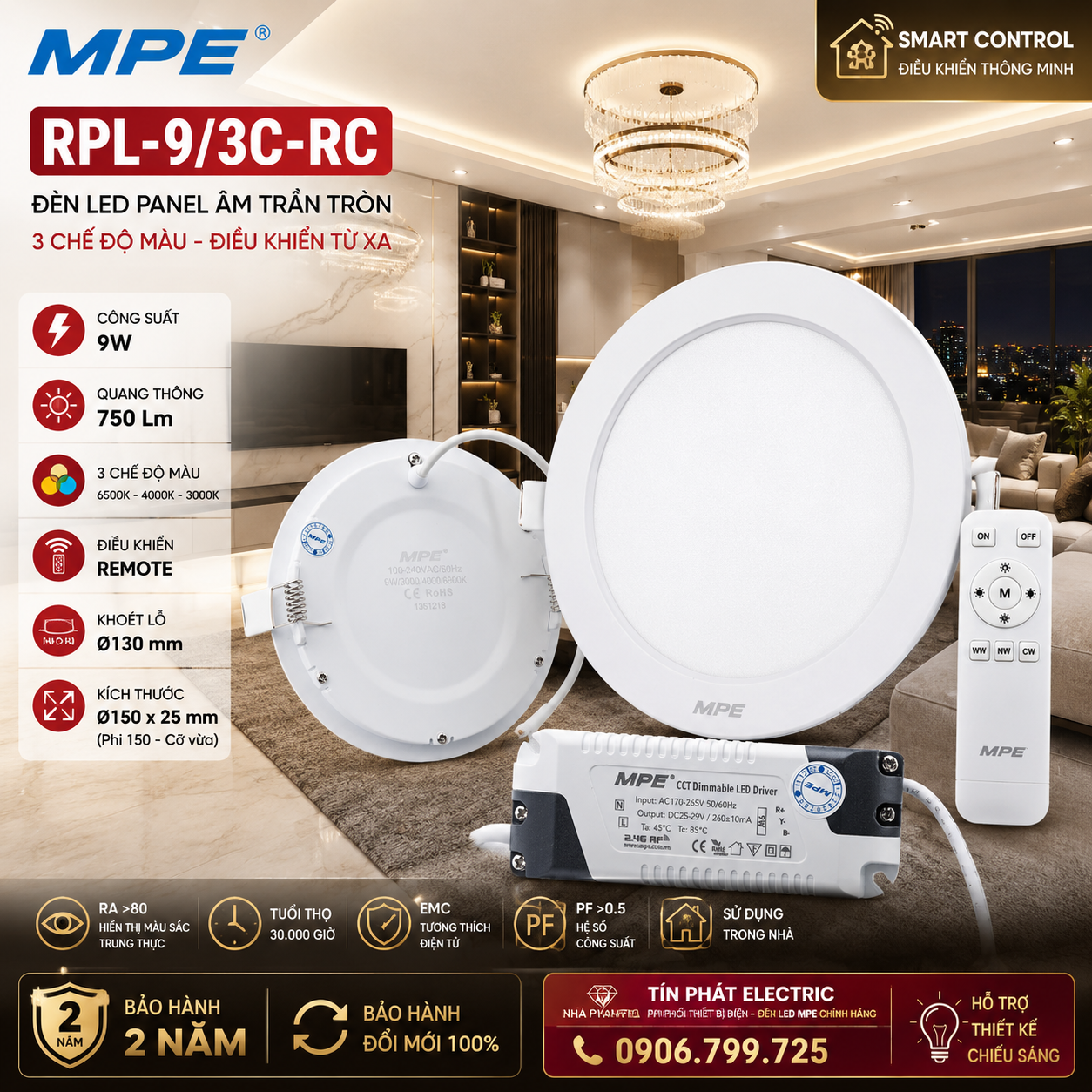Đèn LED Panel Âm Trần MPE RPL-9/3C-RC 9W 750 Lm 3 Chế Độ Màu Điều Khiển Từ Xa