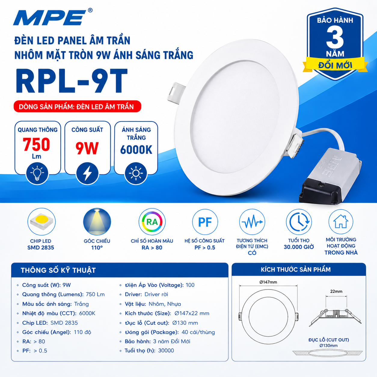 Đèn LED Panel Âm Trần Nhôm Mặt Tròn MPE RPL-9T 9W Ánh sáng trắng
