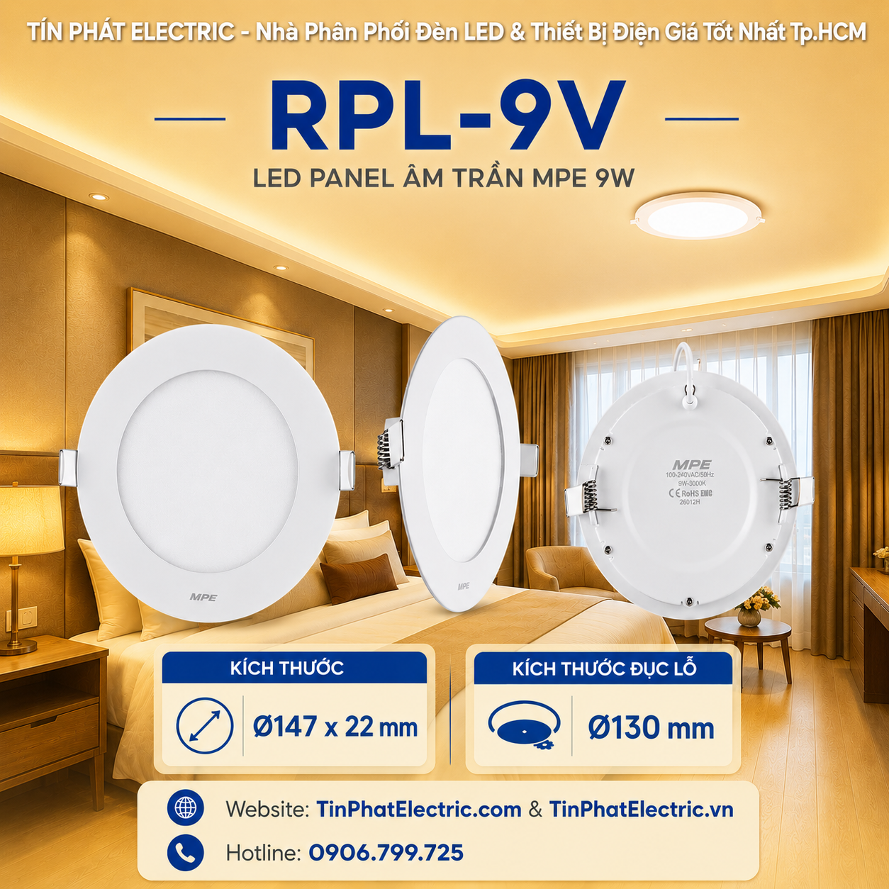Đèn LED Panel Âm Trần Nhôm Mặt Tròn MPE RPL-9V 9W Ánh sáng vàng