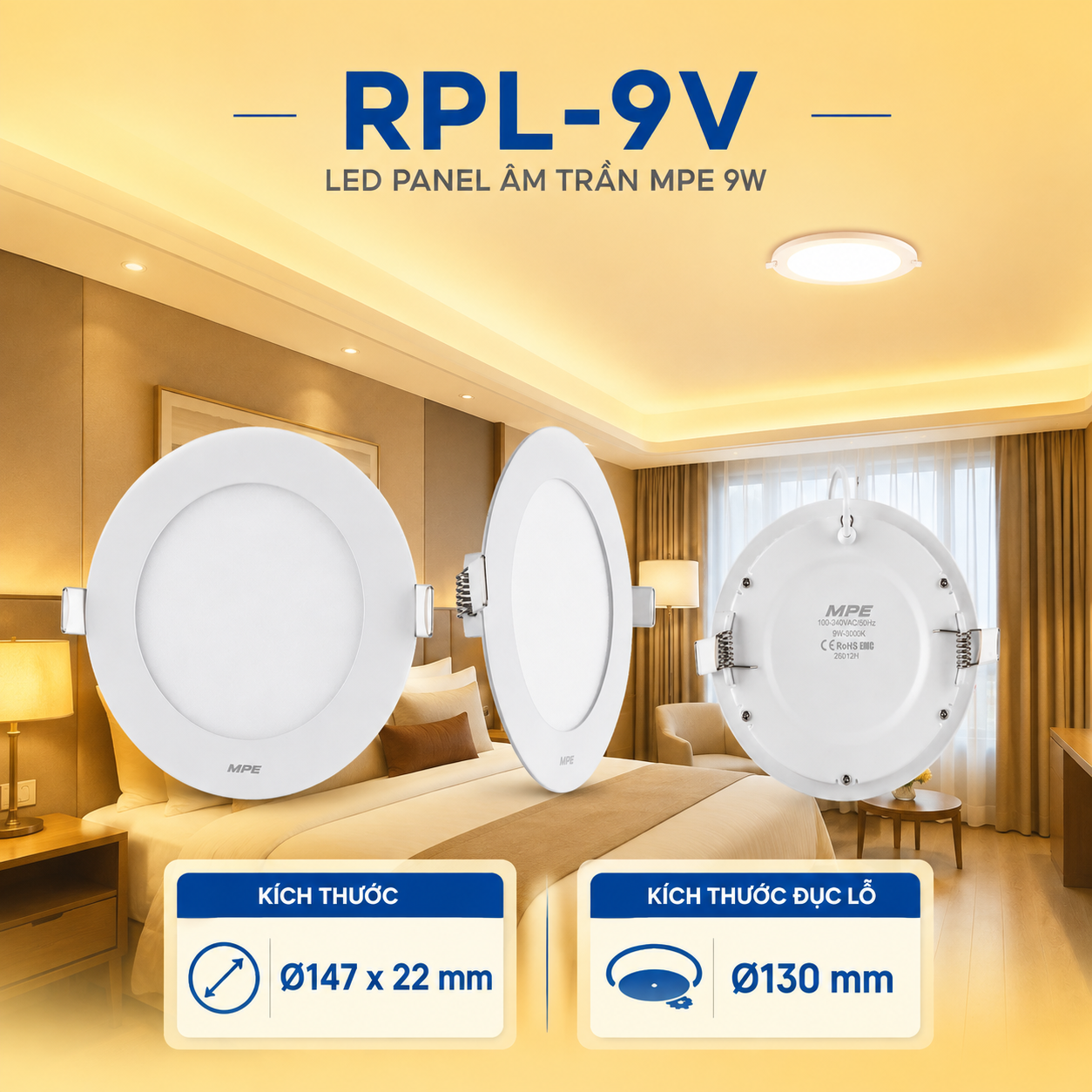 Đèn LED Panel Âm Trần Nhôm Mặt Tròn MPE RPL-9V 9W Ánh sáng vàng