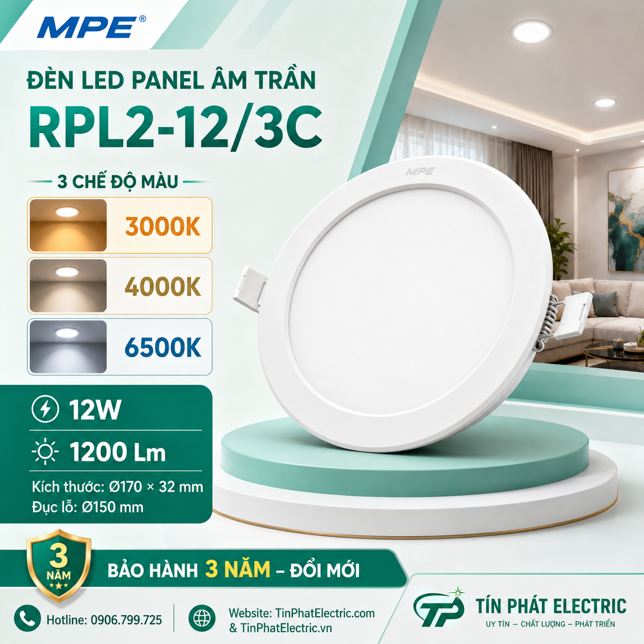 Đèn LED Panel âm trần nhựa mặt tròn MPE RPL2-12/3C 12W 3 chế độ màu