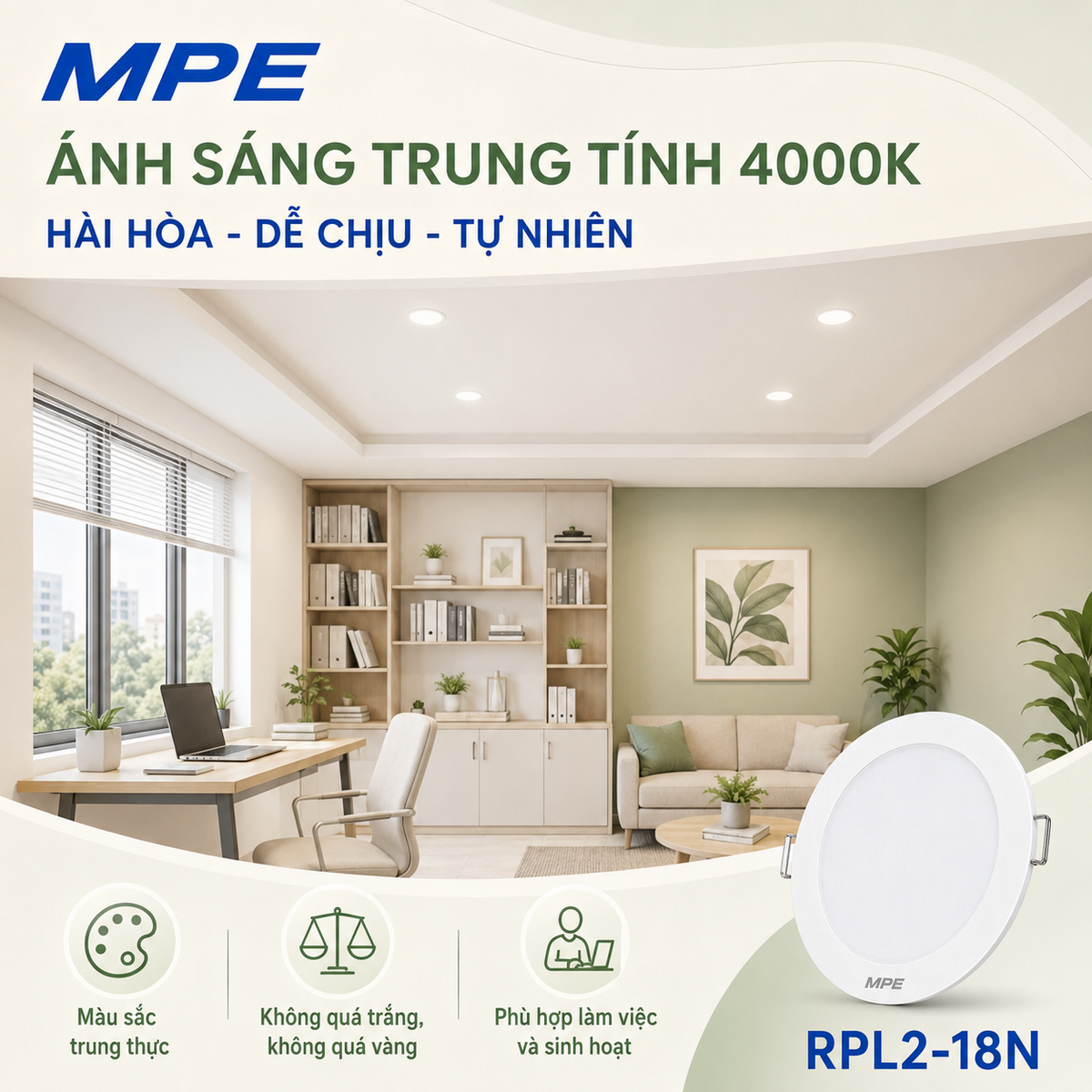 Đèn LED Panel âm trần nhựa mặt tròn MPE RPL2-18N 18W Ánh sáng trung tính