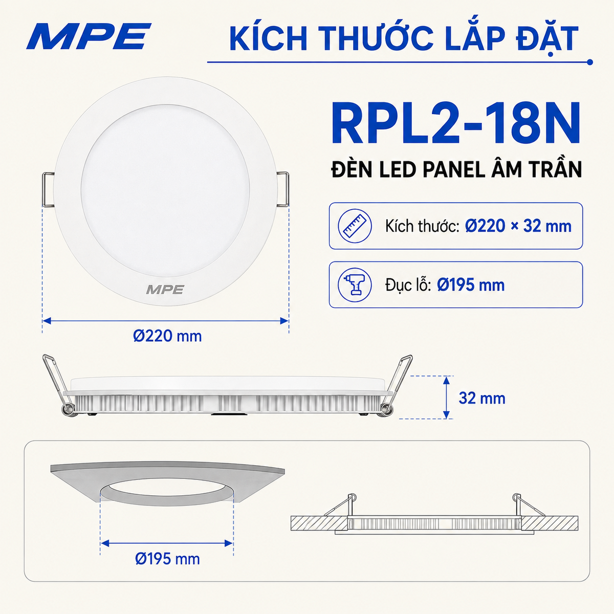 Đèn LED Panel âm trần nhựa mặt tròn MPE RPL2-18N 18W Ánh sáng trung tính
