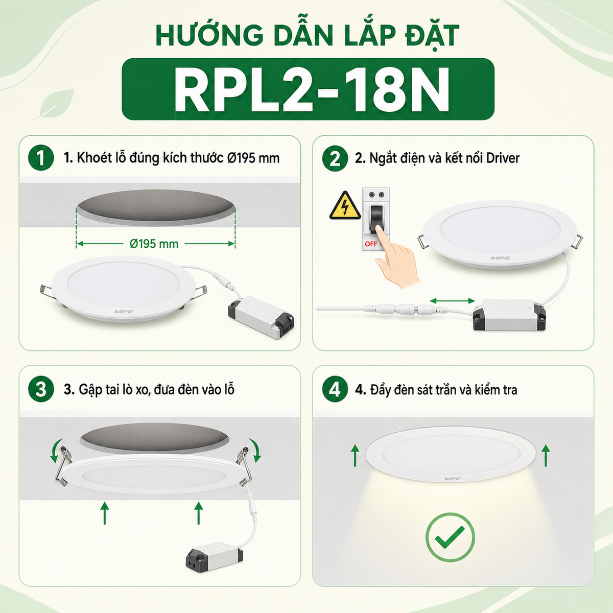 Đèn LED Panel âm trần nhựa mặt tròn MPE RPL2-18N 18W Ánh sáng trung tính