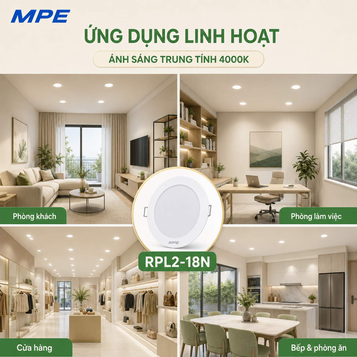 Đèn LED Panel âm trần nhựa mặt tròn MPE RPL2-18N 18W Ánh sáng trung tính