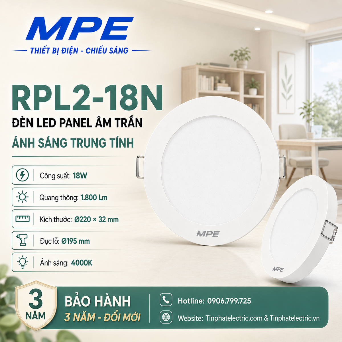 Đèn LED Panel âm trần nhựa mặt tròn MPE RPL2-18N 18W Ánh sáng trung tính