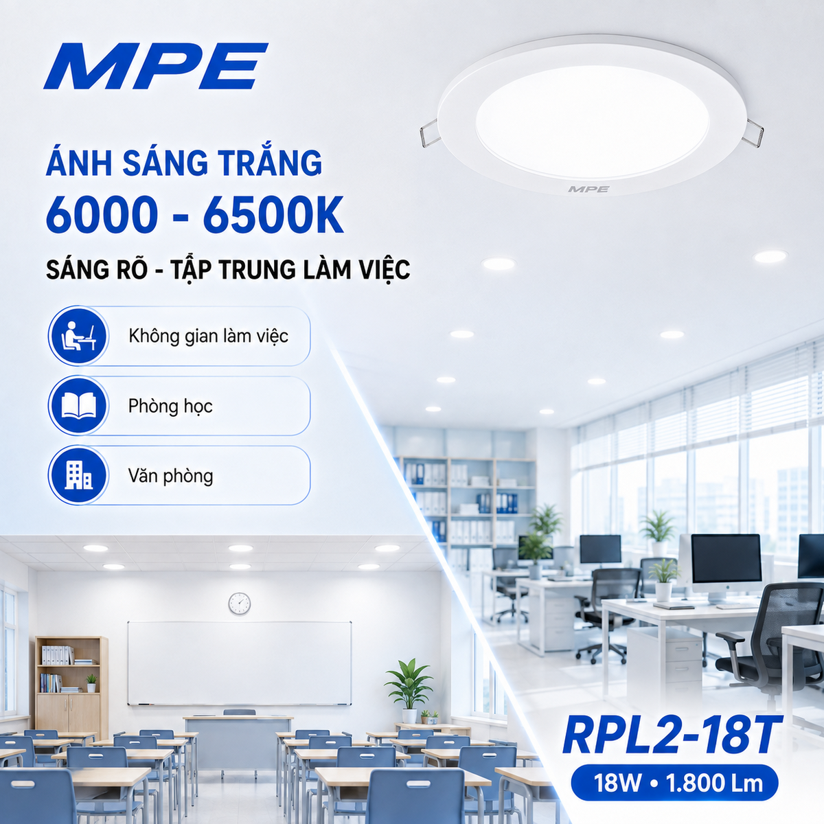 Đèn LED Panel âm trần nhựa mặt tròn MPE RPL2-18T 18W Ánh sáng trắng
