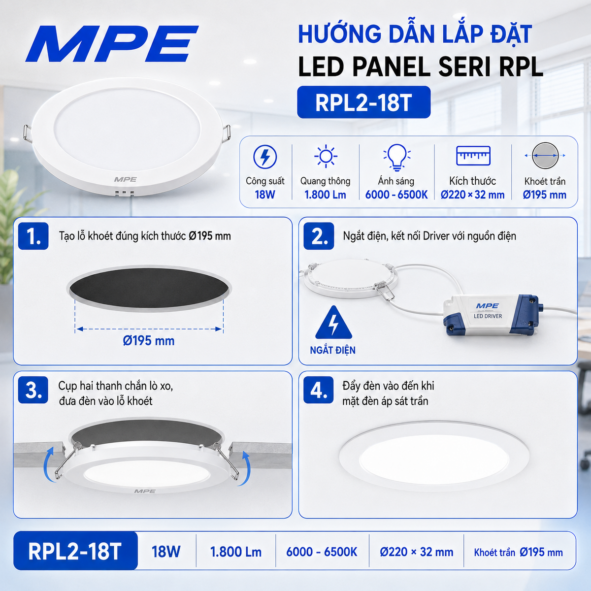 Đèn LED Panel âm trần nhựa mặt tròn MPE RPL2-18T 18W Ánh sáng trắng