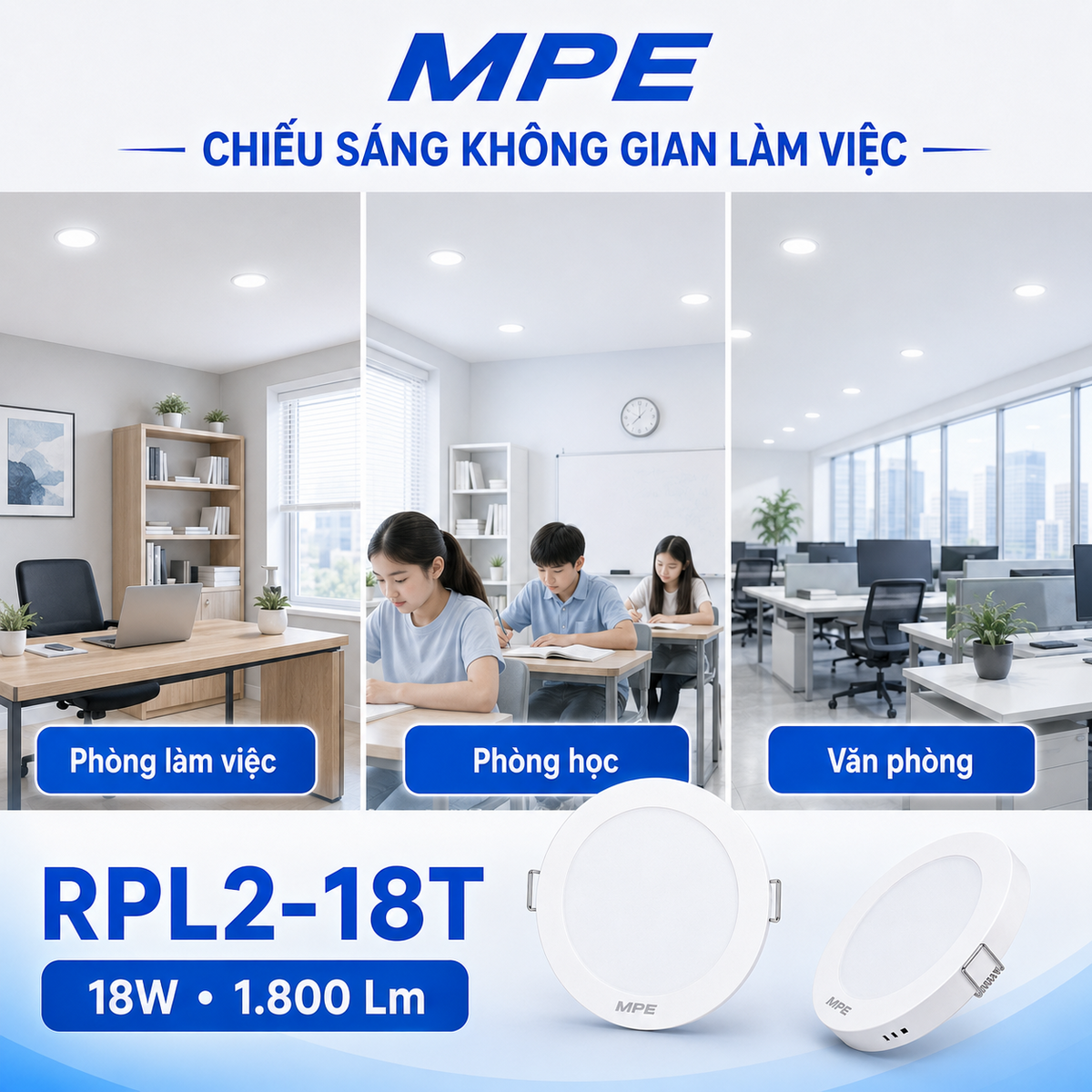 Đèn LED Panel âm trần nhựa mặt tròn MPE RPL2-18T 18W Ánh sáng trắng