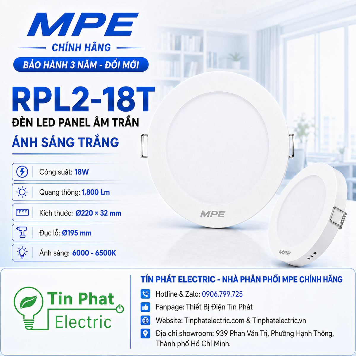 Đèn LED Panel âm trần nhựa mặt tròn MPE RPL2-18T 18W Ánh sáng trắng