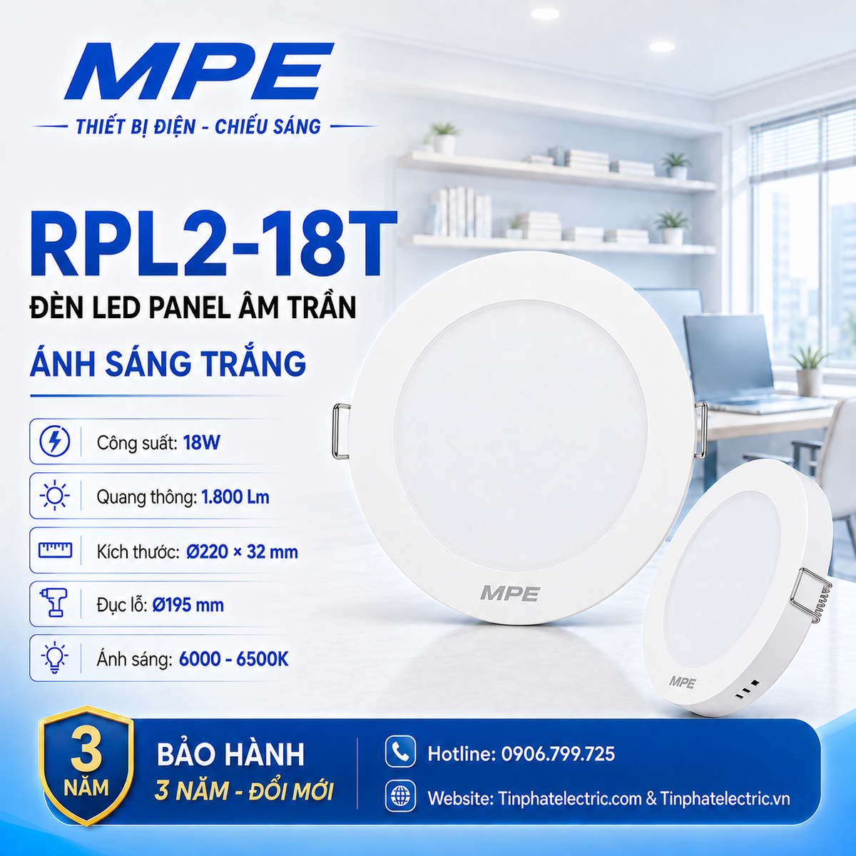 Đèn LED Panel âm trần nhựa mặt tròn MPE RPL2-18T 18W Ánh sáng trắng