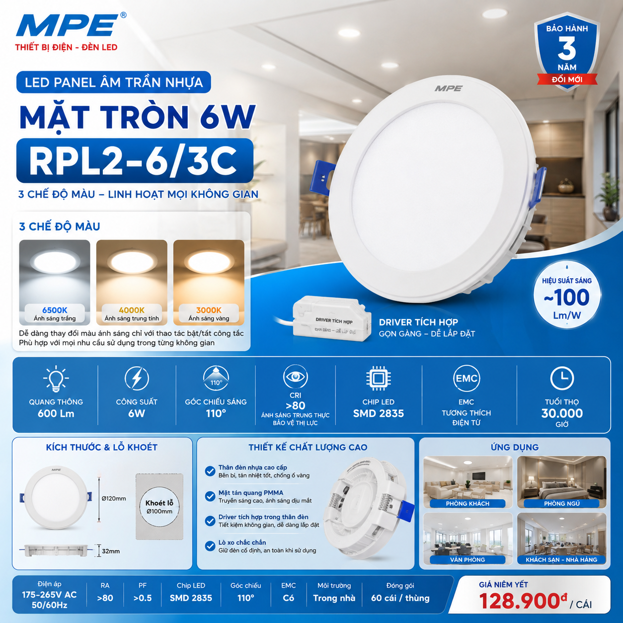 Đèn LED Panel âm trần nhựa mặt tròn MPE RPL2-6/3C 6W 3 chế độ màu