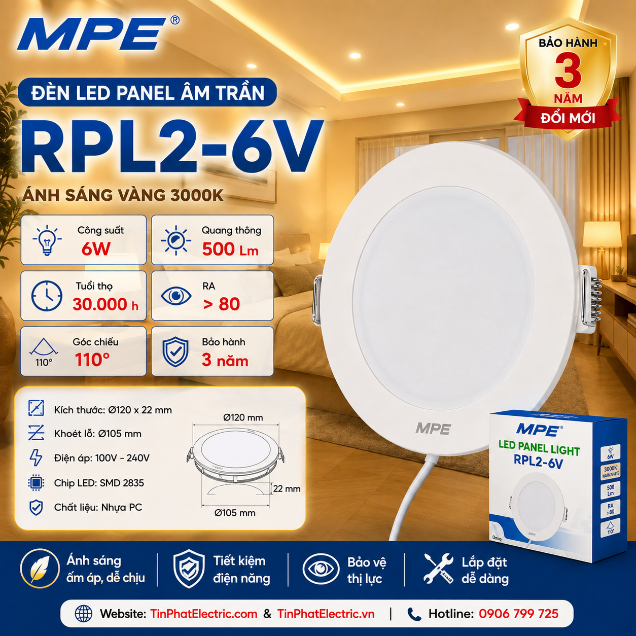 Đèn LED Panel âm trần nhựa mặt tròn MPE RPL2-6V 6W Ánh sáng vàng