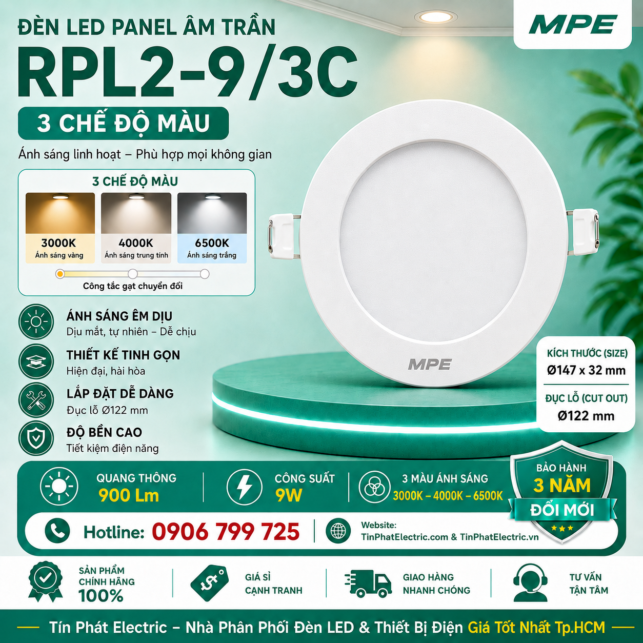 Đèn LED Panel âm trần nhựa mặt tròn MPE RPL2-9/3C 9W 3 chế độ màu