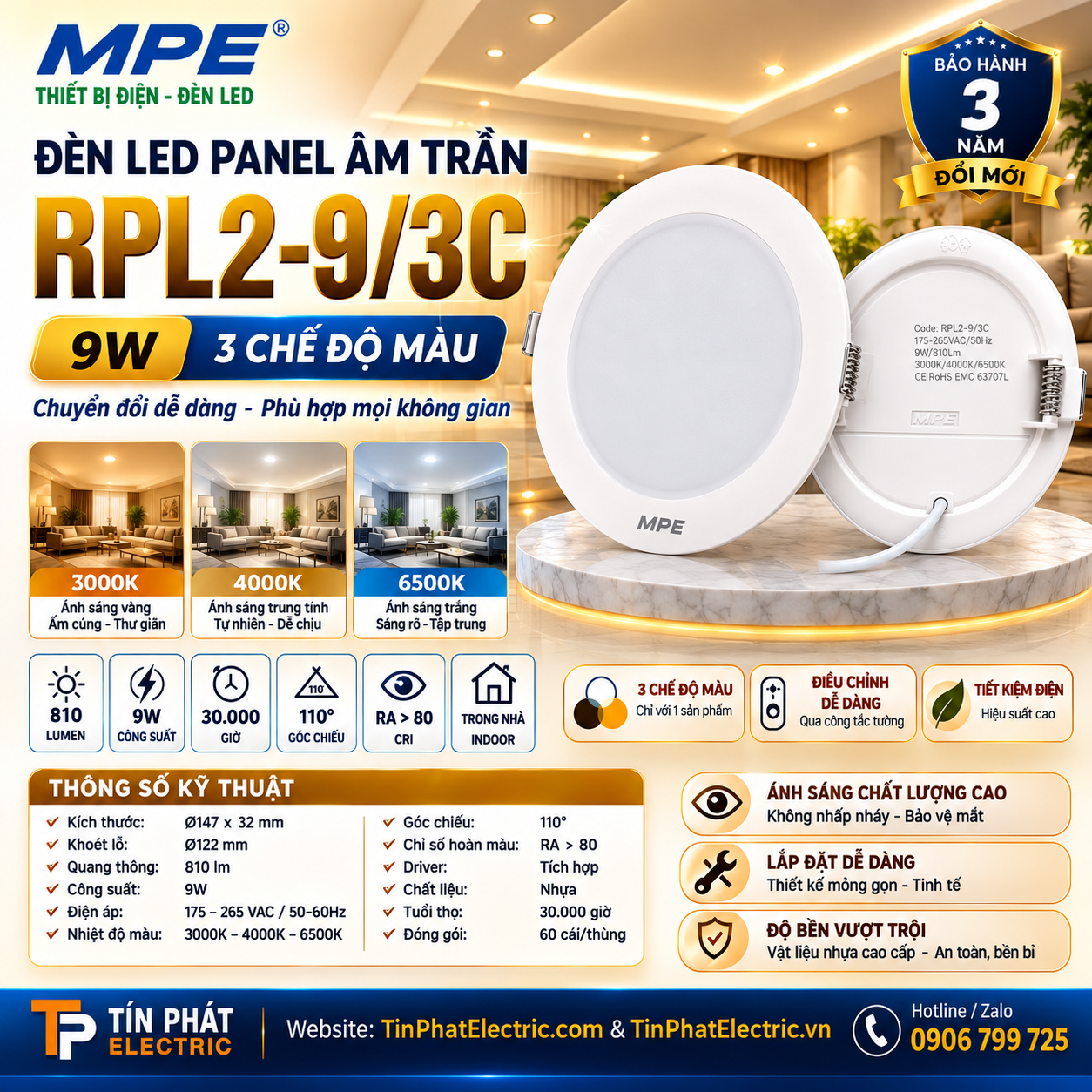 Đèn LED Panel âm trần nhựa mặt tròn MPE RPL2-9/3C 9W 3 chế độ màu