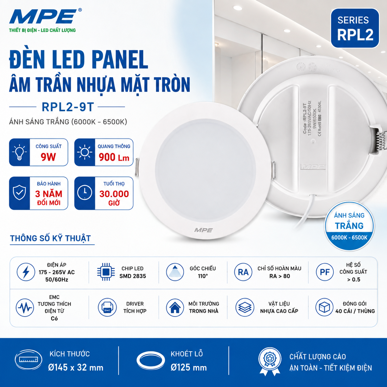 Đèn LED Panel âm trần nhựa mặt tròn MPE RPL2-9T 9W Ánh sáng trắng
