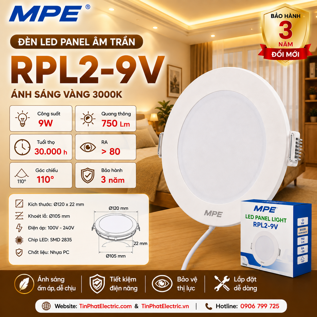 Đèn LED Panel âm trần nhựa mặt tròn MPE RPL2-9V 9W Ánh sáng vàng