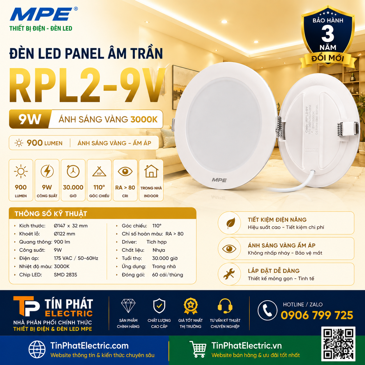 Đèn LED Panel âm trần nhựa mặt tròn MPE RPL2-9V 9W Ánh sáng vàng