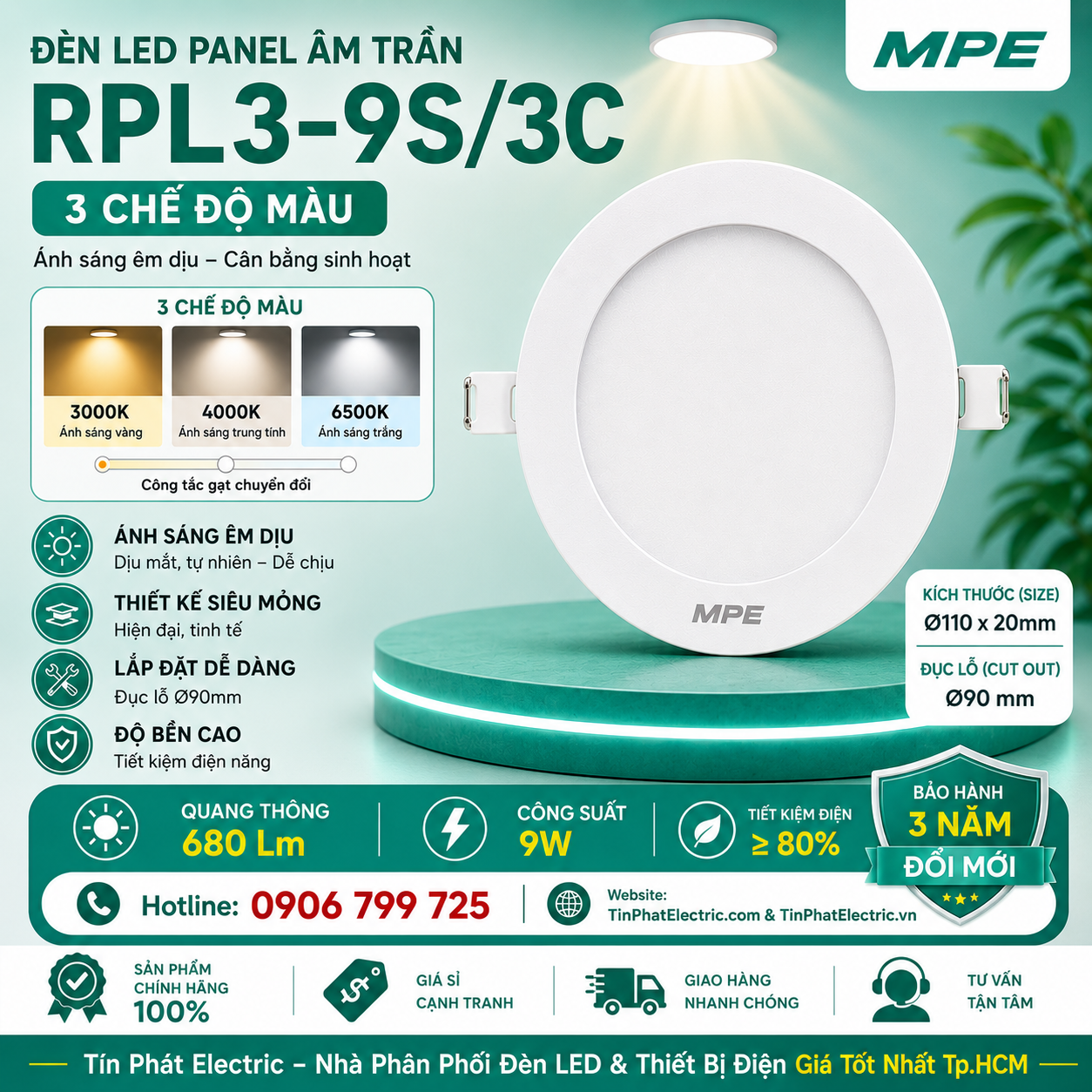 Đèn LED Panel Âm Trần Nhựa PC Mặt Tròn MPE RPL3-9S/3C 9W Phi Nhỏ 3 chế độ màu