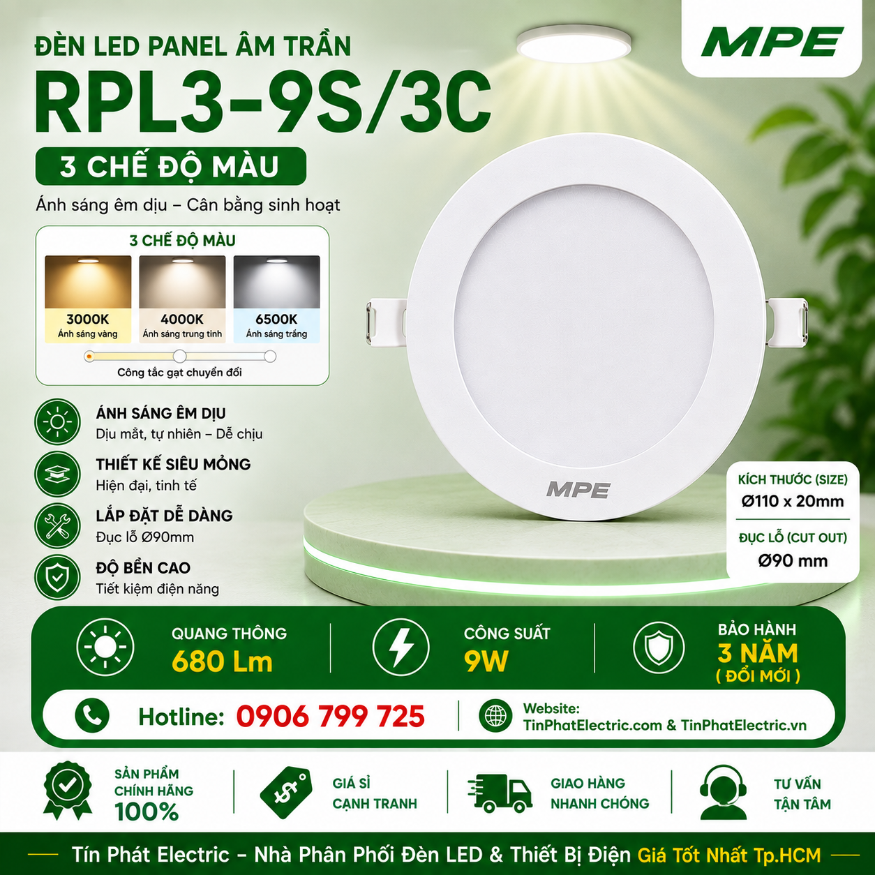 Đèn LED Panel Âm Trần Nhựa PC Mặt Tròn MPE RPL3-9S/3C 9W Phi Nhỏ 3 chế độ màu