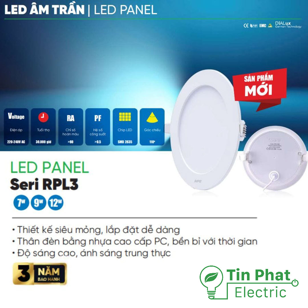 Đèn LED Panel Âm Trần Nhựa PC Mặt Tròn MPE RPL3-9SN 9W Phi Nhỏ Ánh sáng trung tính