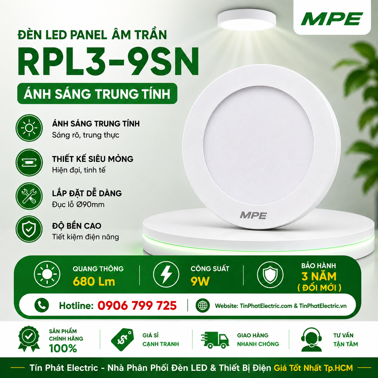 Đèn LED Panel Âm Trần Nhựa PC Mặt Tròn MPE RPL3-9SN 9W Phi Nhỏ Ánh sáng trung tính