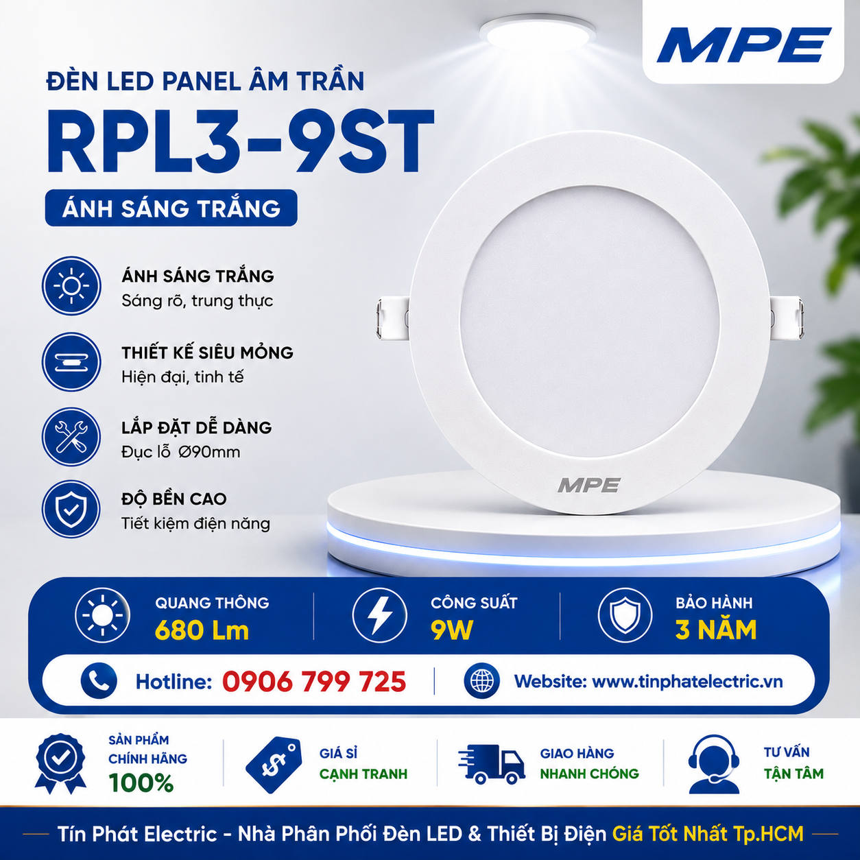 Đèn LED Panel Âm Trần Nhựa PC Mặt Tròn MPE RPL3-9ST 9W Phi Nhỏ Ánh sáng trắng