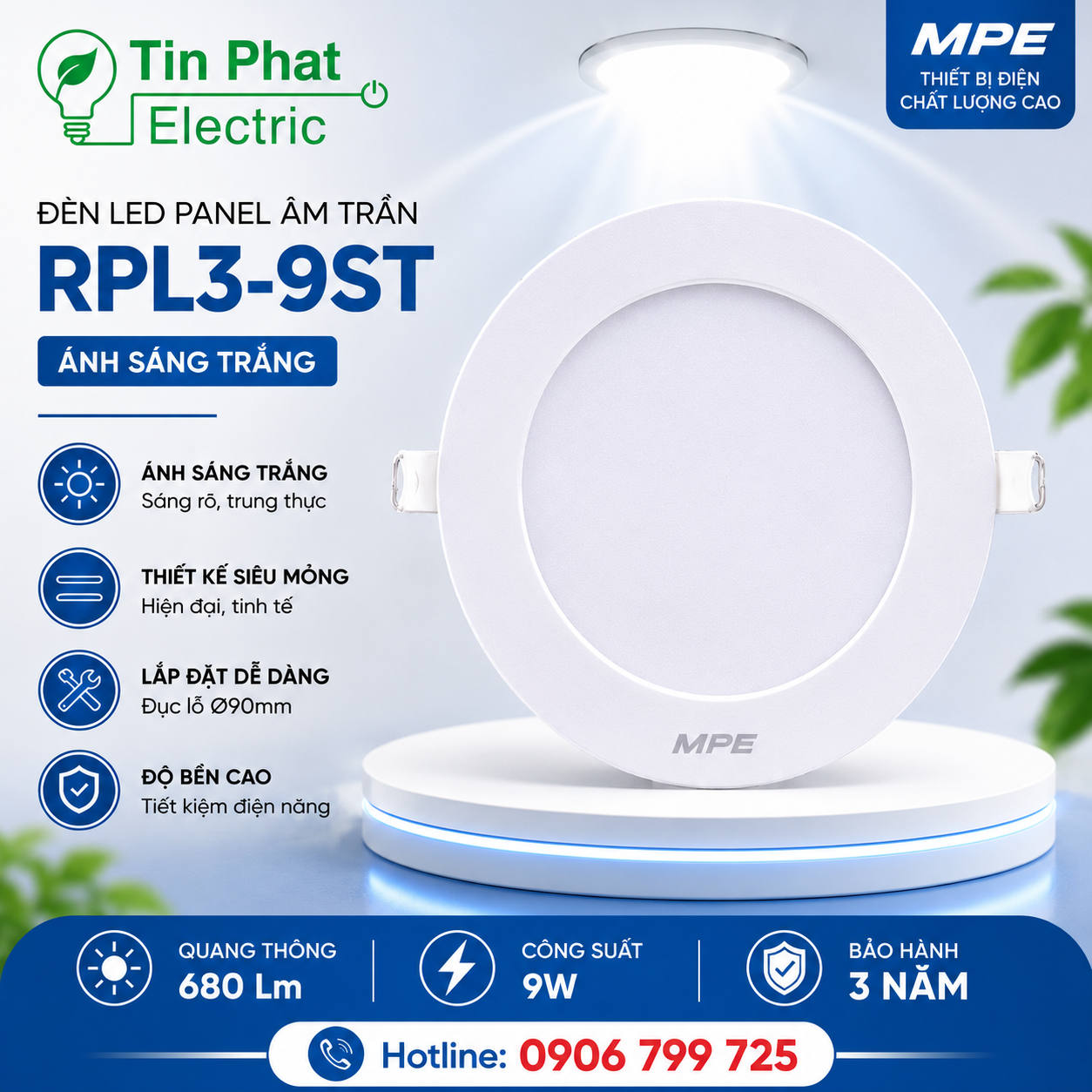 Đèn LED Panel Âm Trần Nhựa PC Mặt Tròn MPE RPL3-9ST 9W Phi Nhỏ Ánh sáng trắng
