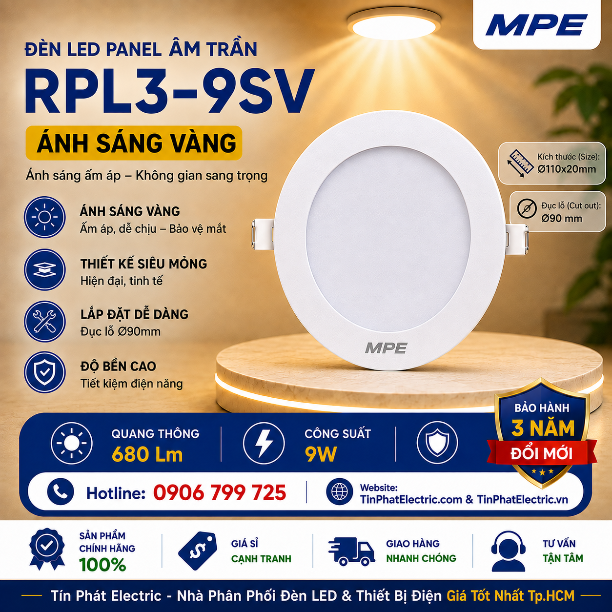 Đèn LED Panel Âm Trần Nhựa PC Mặt Tròn MPE RPL3-9SV 9W Phi Nhỏ Ánh sáng vàng