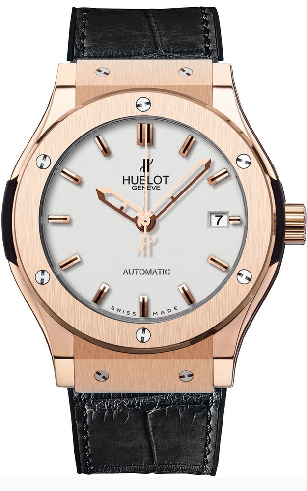 HUBLOT CLASSIC FUSION OPALIN DIAL 18K ROSE GOLD BLACK ALLIGATOR RUBBER MEN'S WATCH 45MM