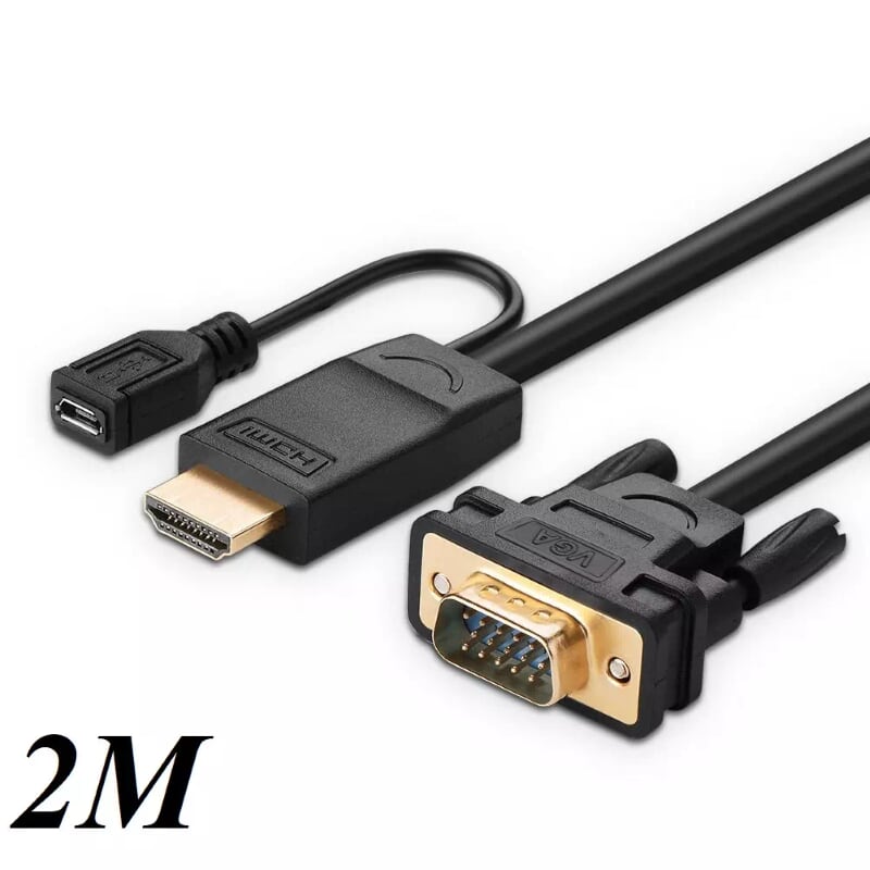 Ugreen 30450 2M màu Đen Cáp chuyển đỗi HDMI sang VGA kèm cổng trợ nguồn Micro USB MM101