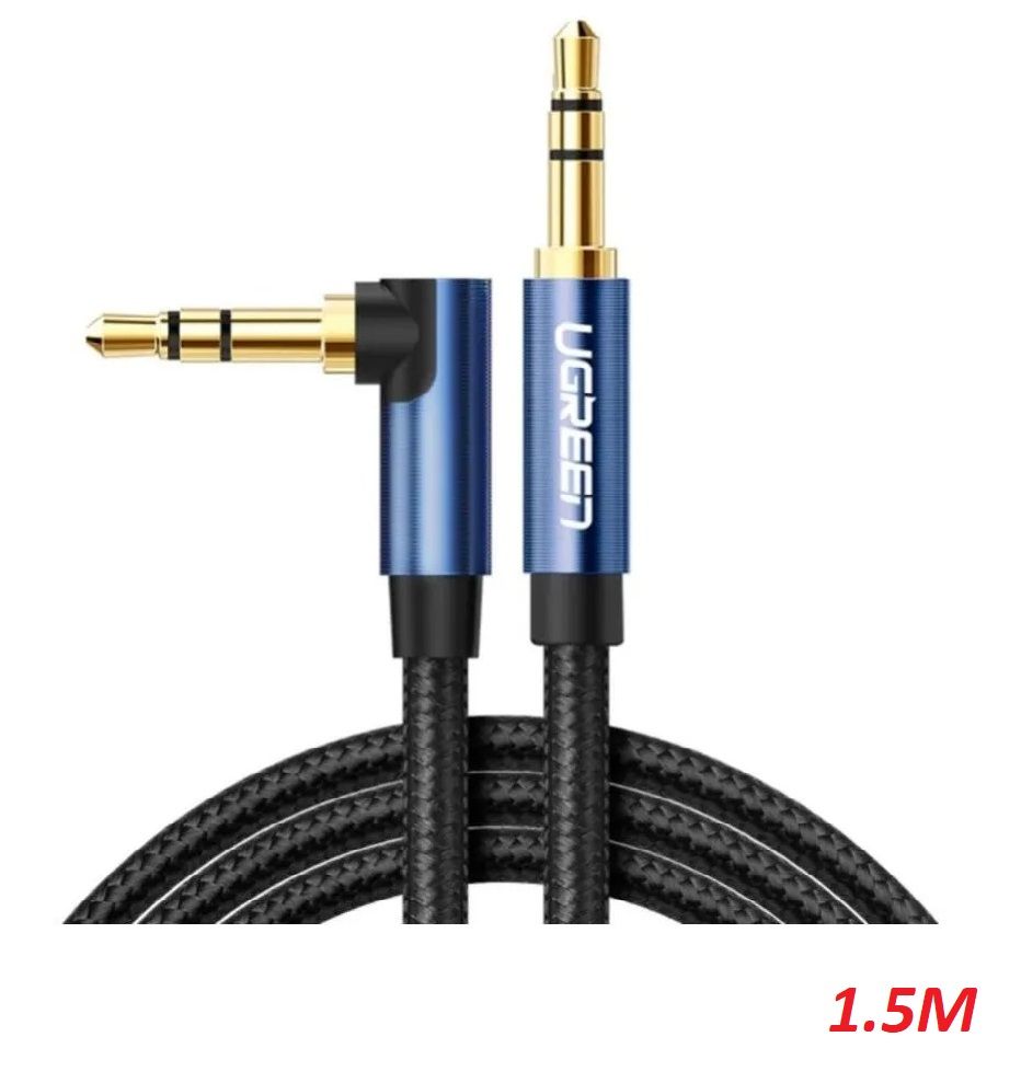 Ugreen 60180 1.5M màu đen cáp bẻ góc 90 độ 3.5mm mạ vàng 24K đầu màu xanh bọc kim loại chống nhiễu AV112