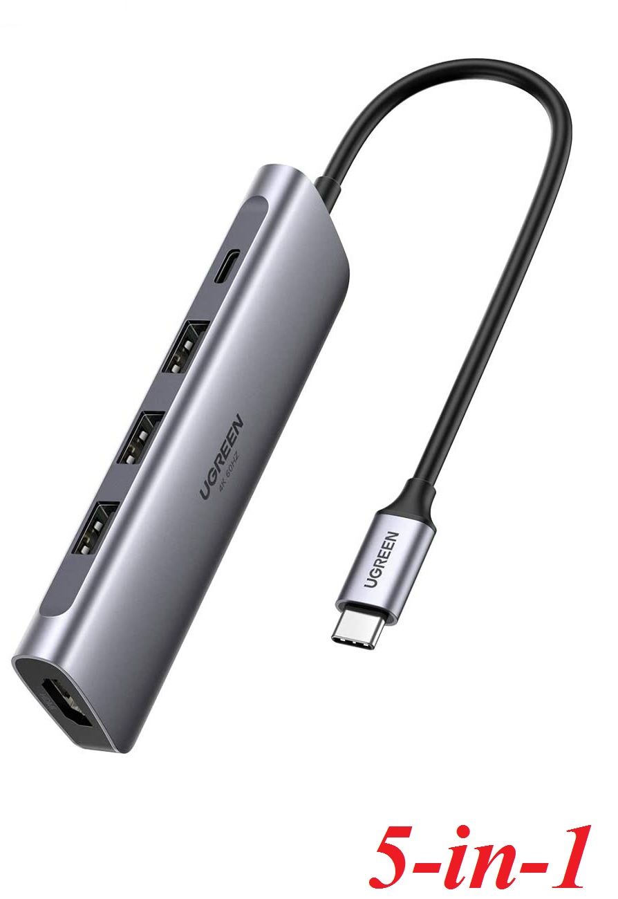 Ugreen 70495 5 trong 1 màu xám bộ chuyển USB type C ra 3*USB 3.1 sạc 100w PD 4K HDMI CM136