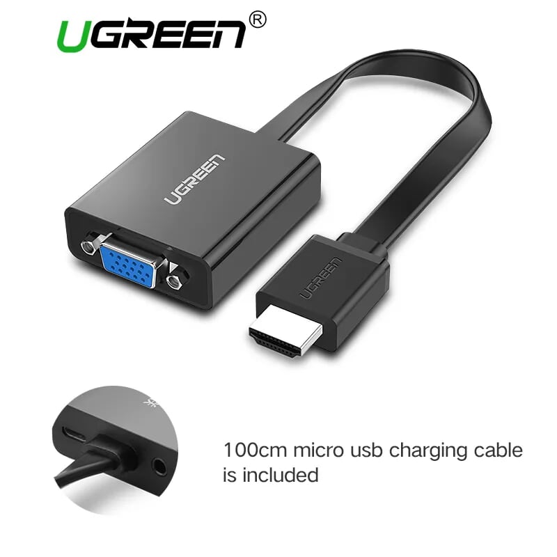 Ugreen 40248 Màu Đen Bộ chuyển HDMI sang VGA dây dẹp kèm cổng âm thanh MM103