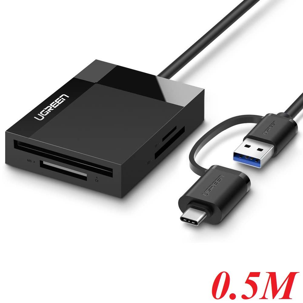 Ugreen 40755 0.5M Đầu Đọc Thẻ Usb 3.0 Đa Năng Kèm Cổng nối Type C 50CM CR125