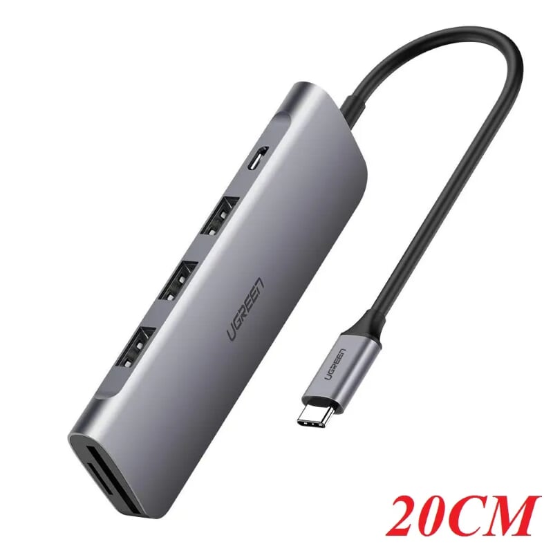 Ugreen 50850 20CM màu xám USB type C HUB 6 trong 1 ra USB 3.0 x 3 + Đọc thẻ TF/SD + nguồn 5V Micro USB CM195